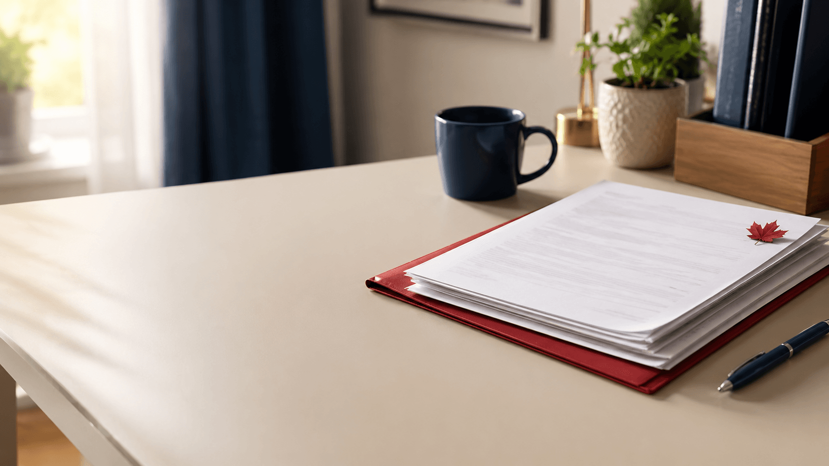 Organized application documents on a bright modern desk